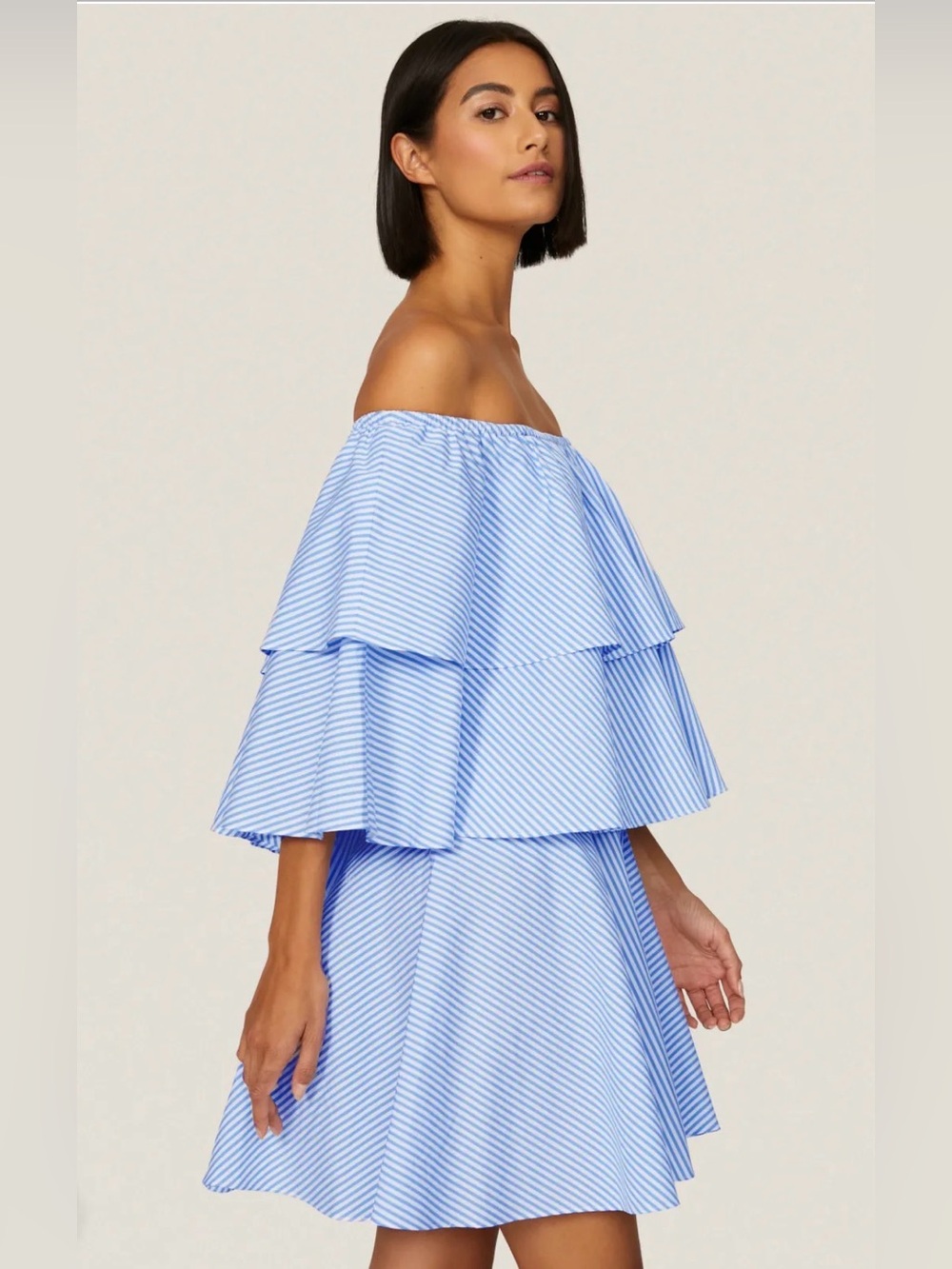 Tome Collective Off-Shoulder Layered Stripe Dress in Light Blue Tiered Mini